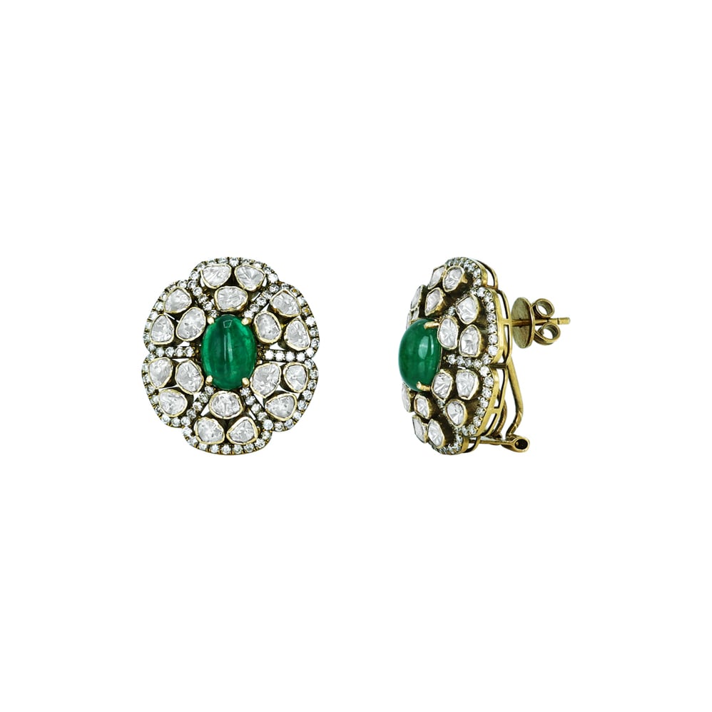 Emerald-Centered Polki Stud Antique Earrings with Floral Diamond Halo